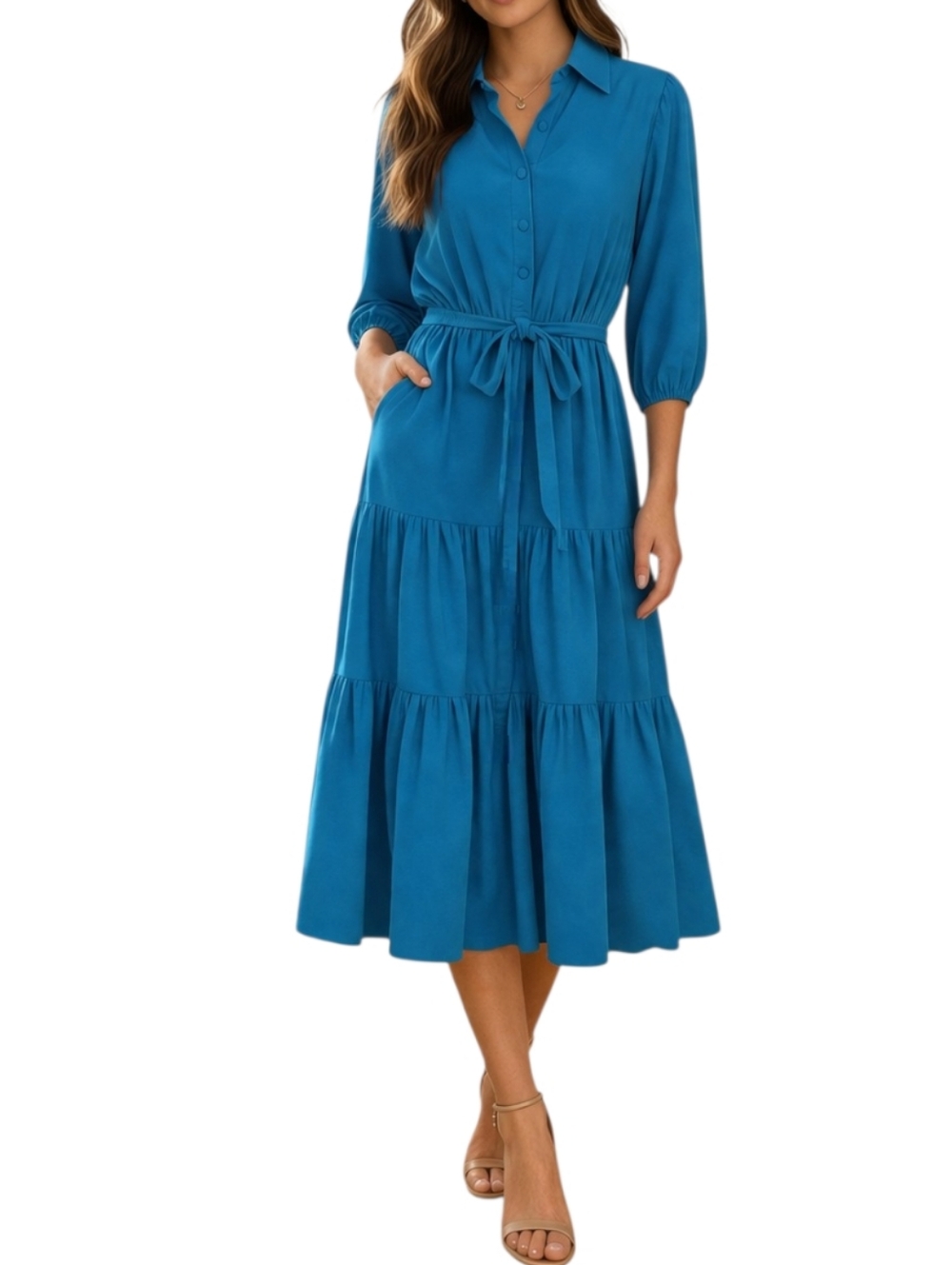 Nanette Lepore Tiered Waist Tie Shirt Dress Blue Curacao Size 4